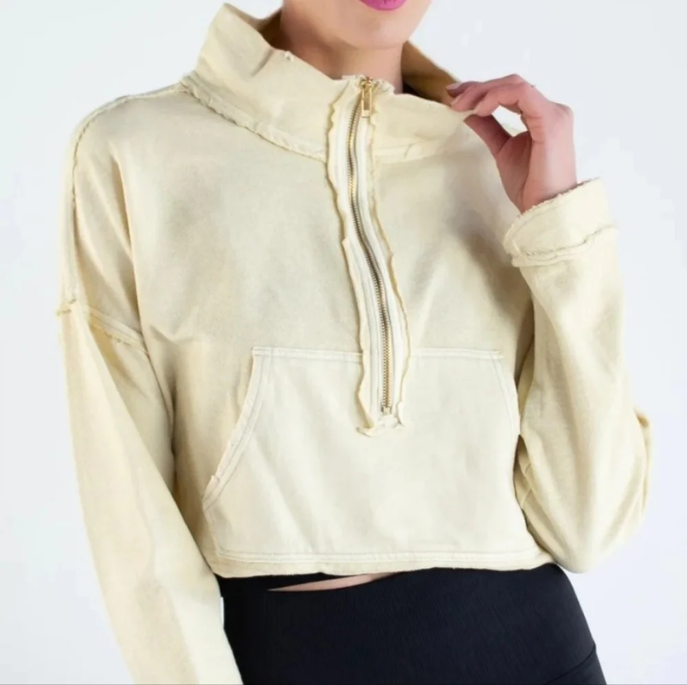 Free People Cropped Half-Zip Sweatshirt in Pale Yellow
